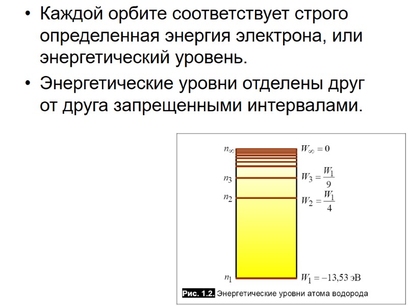 Каждой орбите соответствует строго определенная энергия электрона, или энергетический уровень. Энергетические уровни отделены друг